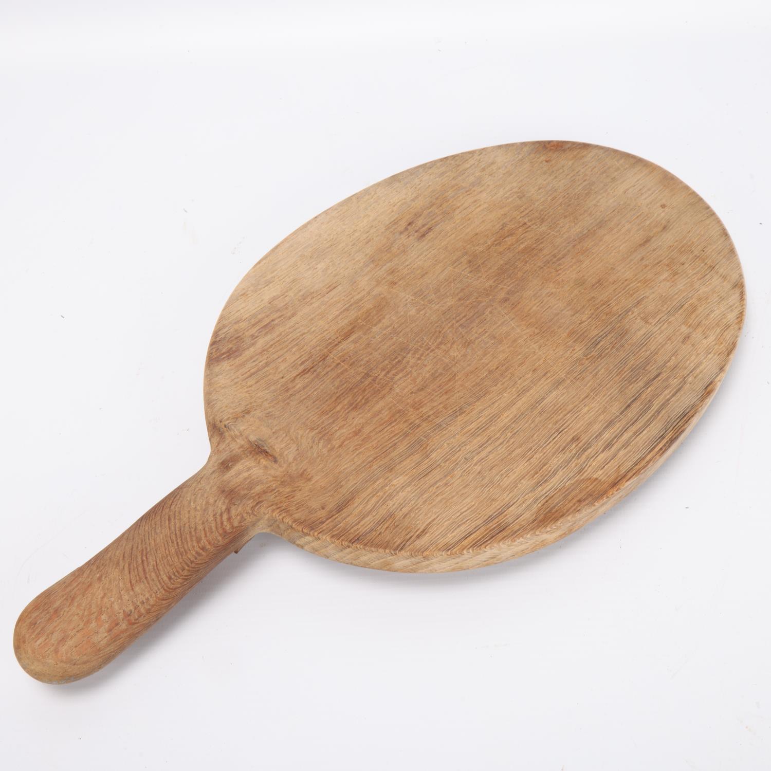Robert Mouseman Thompson, oak breadboard, probably circa 1960s, with mouse carved handle, length - Image 3 of 3