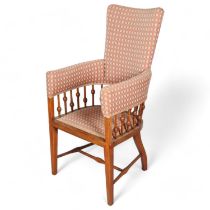 Victorian Arts and Crafts beech-framed chair, with bobbin spindled gallery, width 50cm