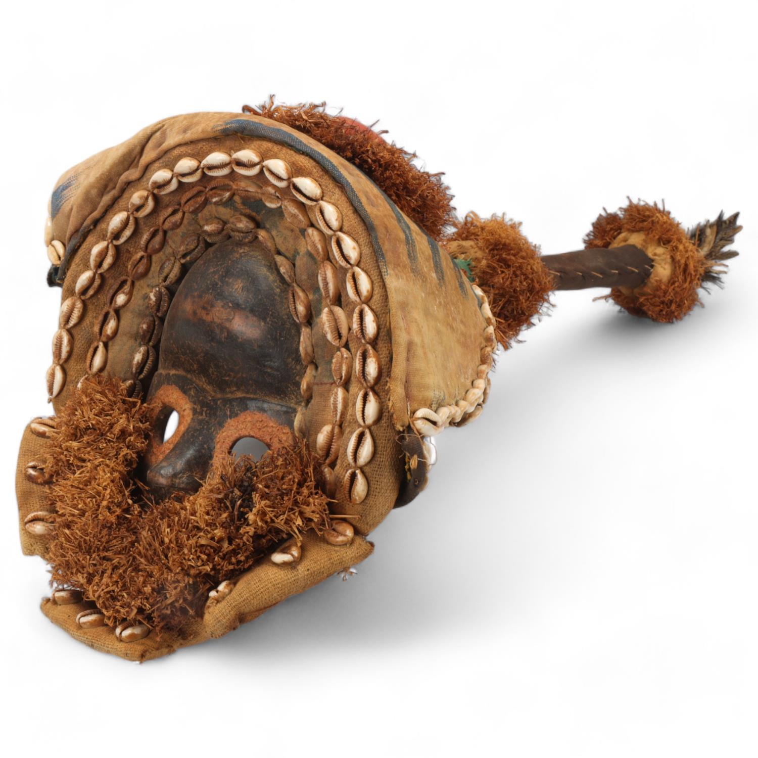 African Dan mask headdress, with fabric and shell mount, Ivory Coast