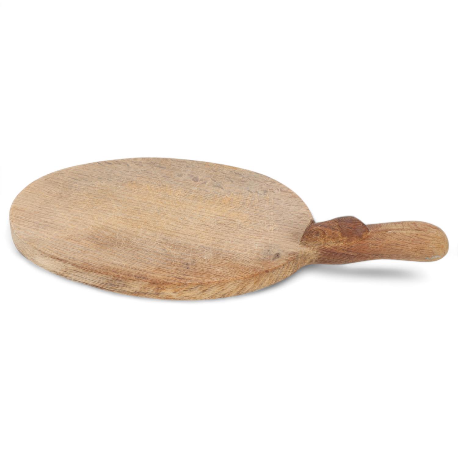 Robert Mouseman Thompson, oak breadboard, probably circa 1960s, with mouse carved handle, length