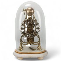 A Victorian brass skeleton clock, single fusee movement, under glass dome on marble base, overall