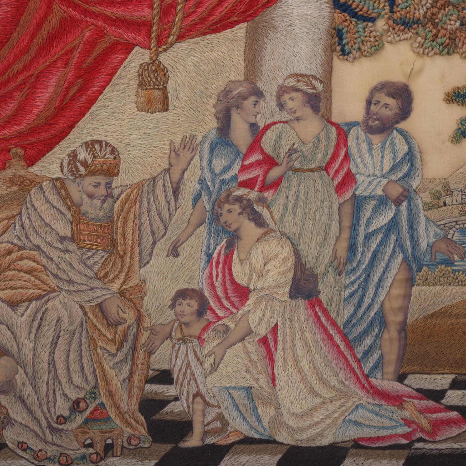 19th century woolwork/stumpwork religious picture, original maple frame, overall 60cm x 71cm Silk - Image 2 of 3