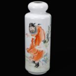 A Chinese Republic Period white glaze porcelain cylinder vase with painted design, 4 character mark,