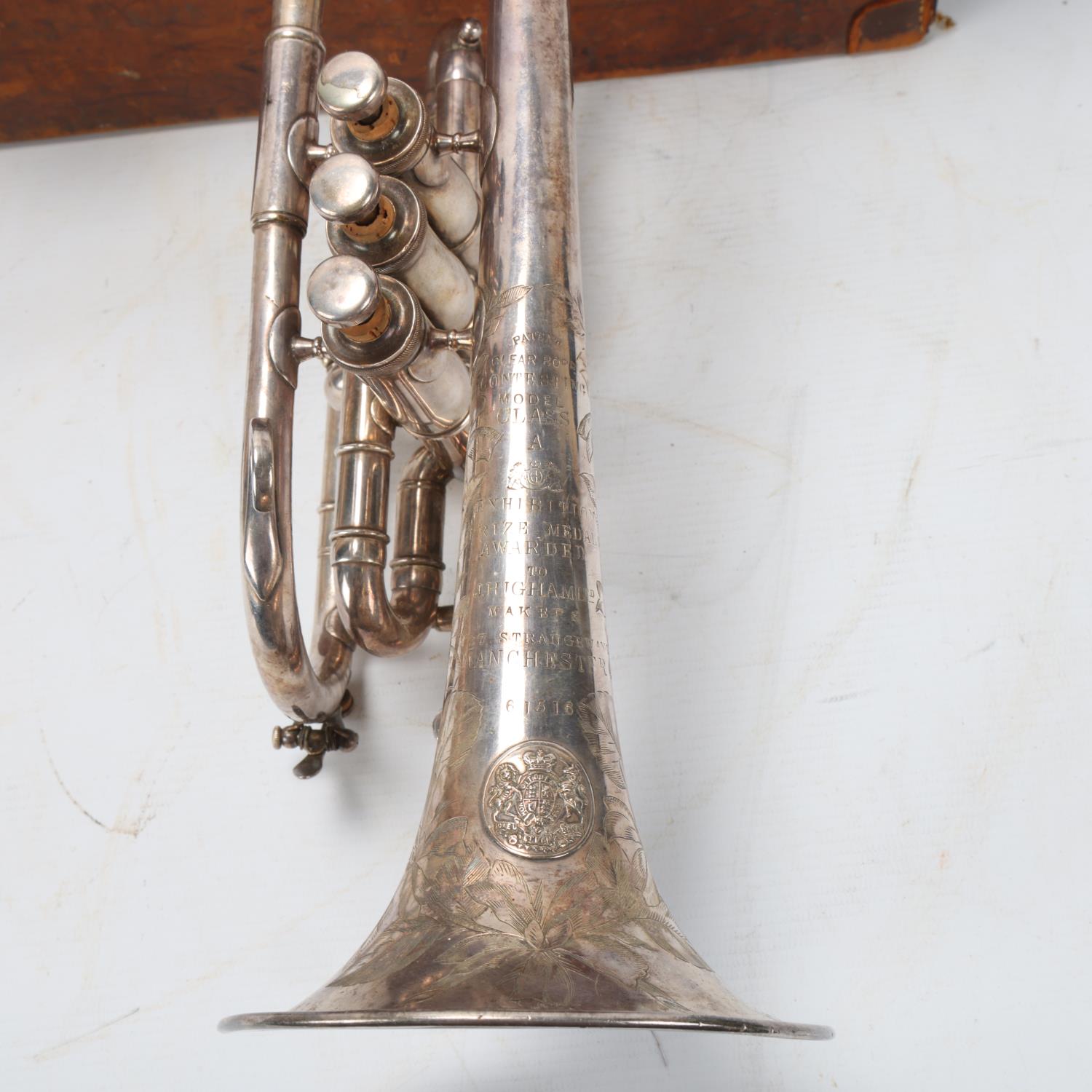 A silver plated cornet, by J Higham of Manchester, serial no. 61516, model Class A, length 34cm, - Image 2 of 3