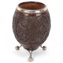 Antique coconut vase, late 18th/early 19th century, with unmarked white metal mounts and relief