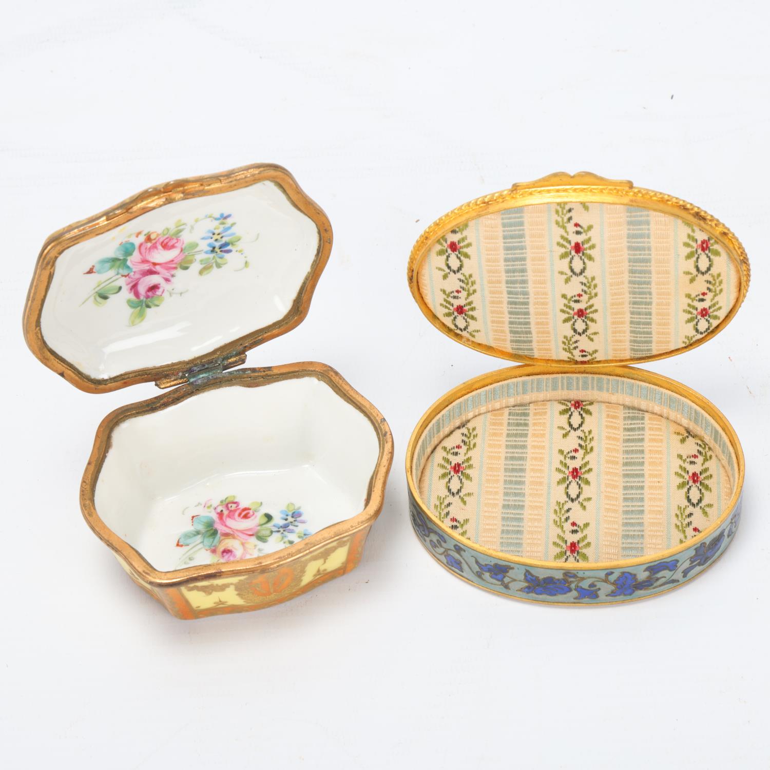 A French gilt-brass and enamel oval box, circa 1900, length 9cm, and a small French porcelain - Image 2 of 3