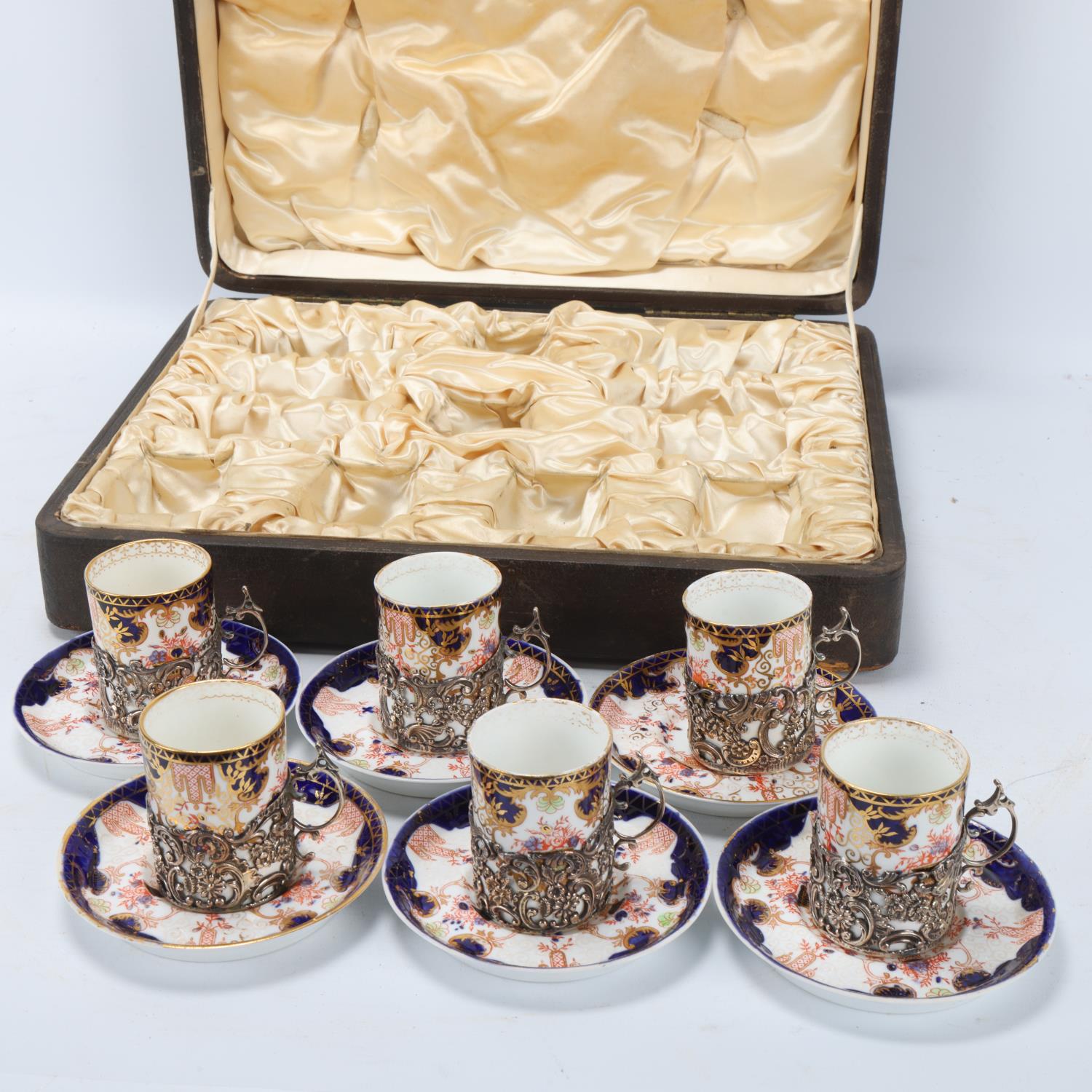 Royal Crown Derby coffee set with silver-mounted cups, hallmarks London 1905, original case No - Image 3 of 3