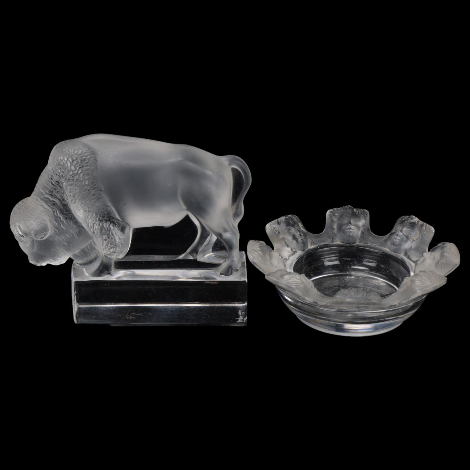 Rene Lalique, St Nicolas glass bowl with relief moulded surround, diameter 11cm, and a bison, length