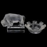 Rene Lalique, St Nicolas glass bowl with relief moulded surround, diameter 11cm, and a bison, length