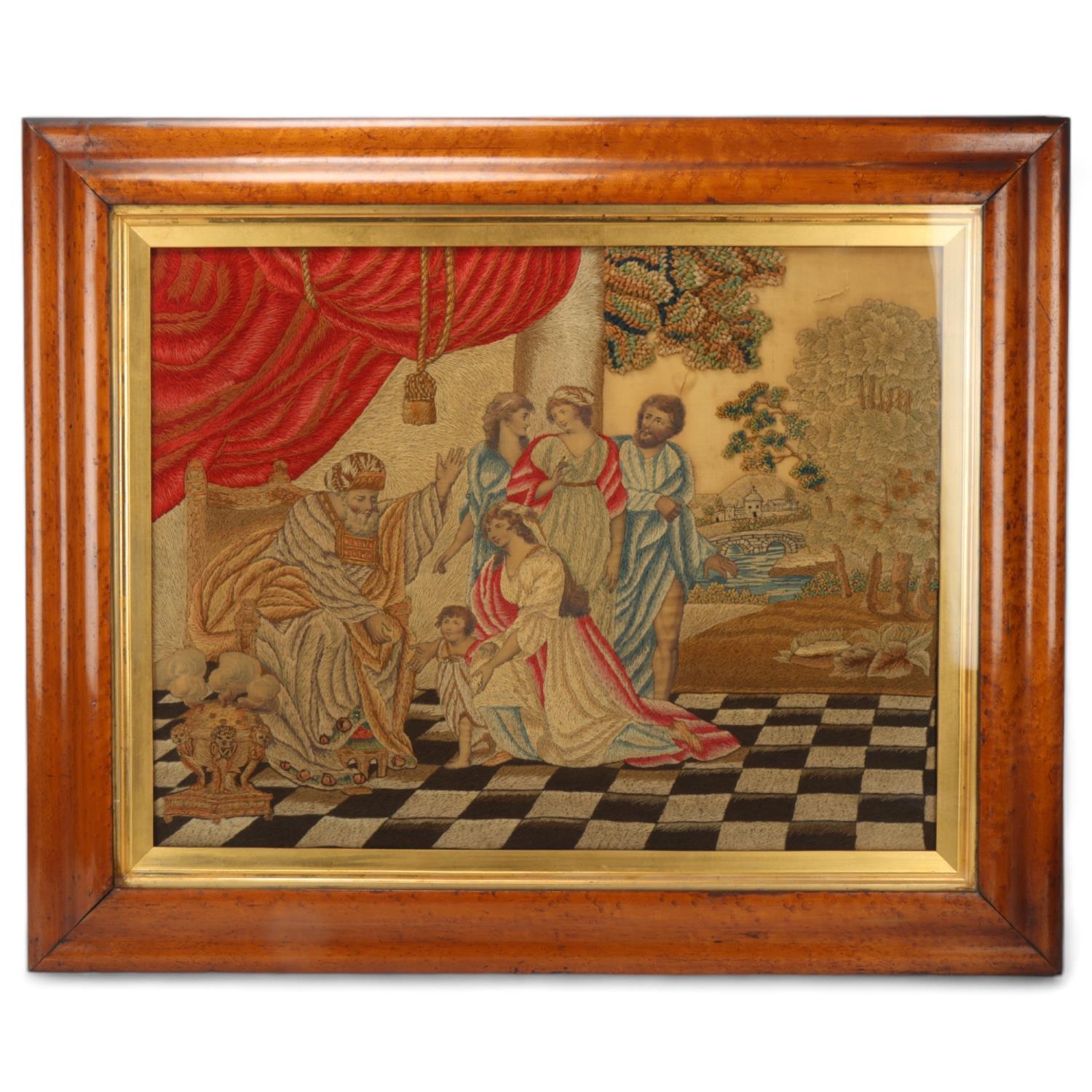 19th century woolwork/stumpwork religious picture, original maple frame, overall 60cm x 71cm Silk