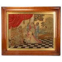 19th century woolwork/stumpwork religious picture, original maple frame, overall 60cm x 71cm Silk