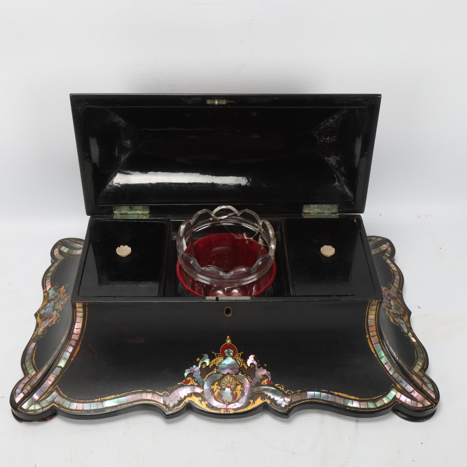 A 19th century papier mache tea caddy, inlaid mother-of-pearl and gilded decoration, with inner lids - Image 2 of 3