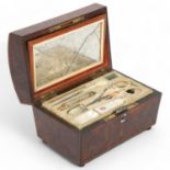 A fine quality French dome-top musical sewing etui box, circa 1800, burr-walnut and banded, the