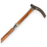 19th century horn-handled sword stick, Damascene square section blade, blade length 70cm Good
