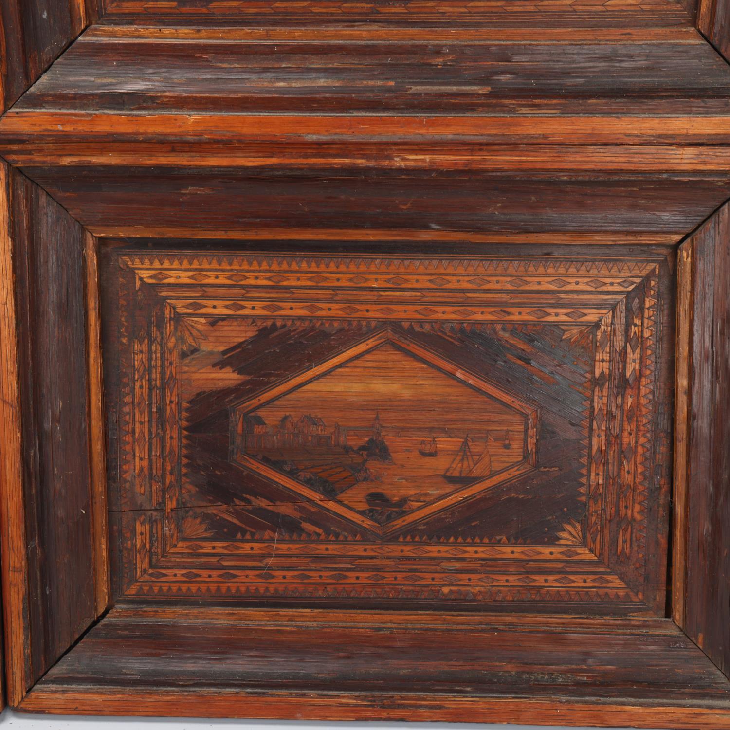 A set of 4 x 19th century Napoleonic prisoner of war straw-work marquetry pictures depicting harbour - Image 2 of 3