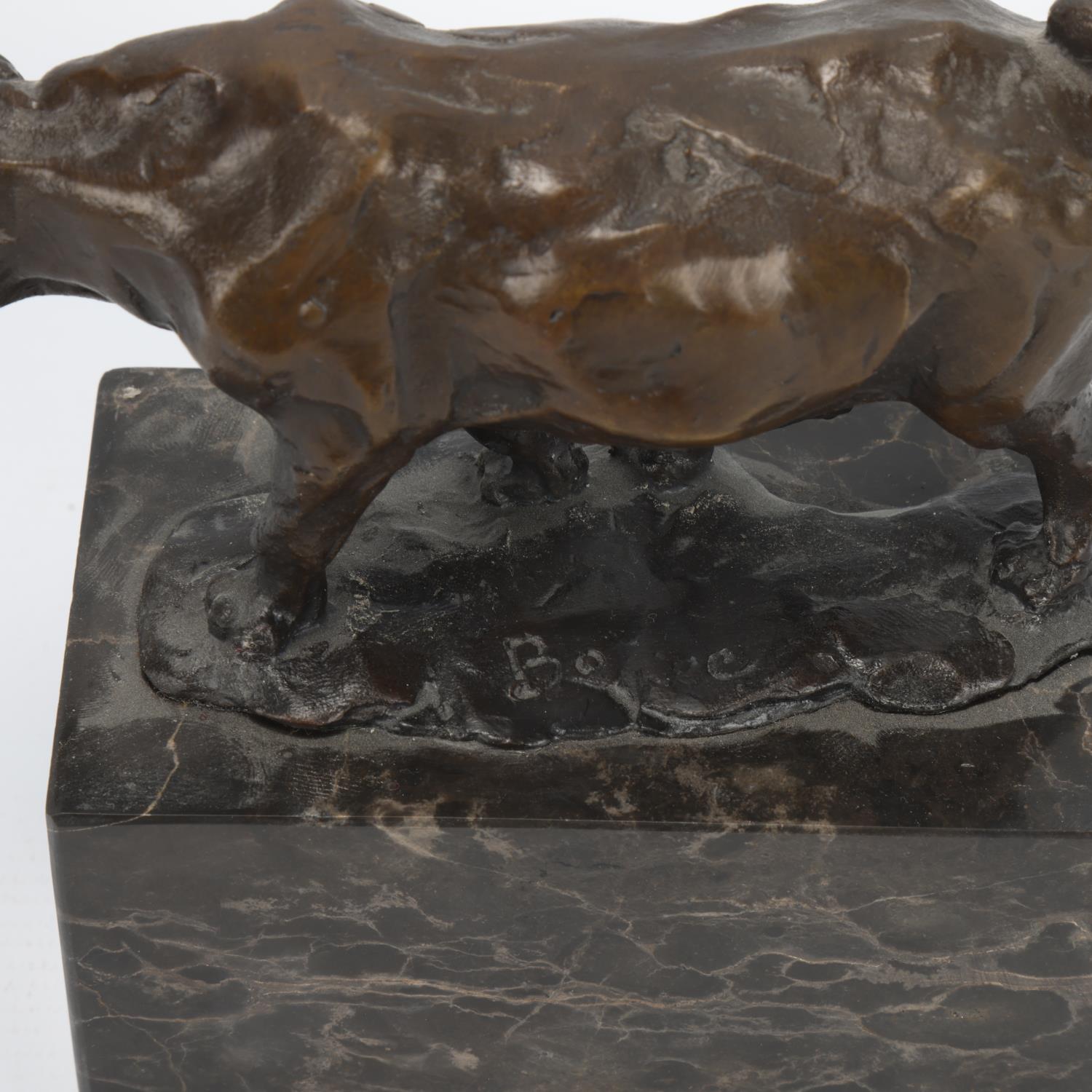 Contemporary bronze rhino sculpture, on marble block base, indistinctly signed, rhino length 15.5cm, - Image 2 of 3