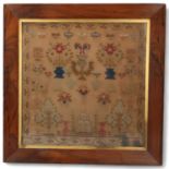 A 19th century needlework sampler, rosewood frame, overall 61cm x 61cm No damage or repairs,