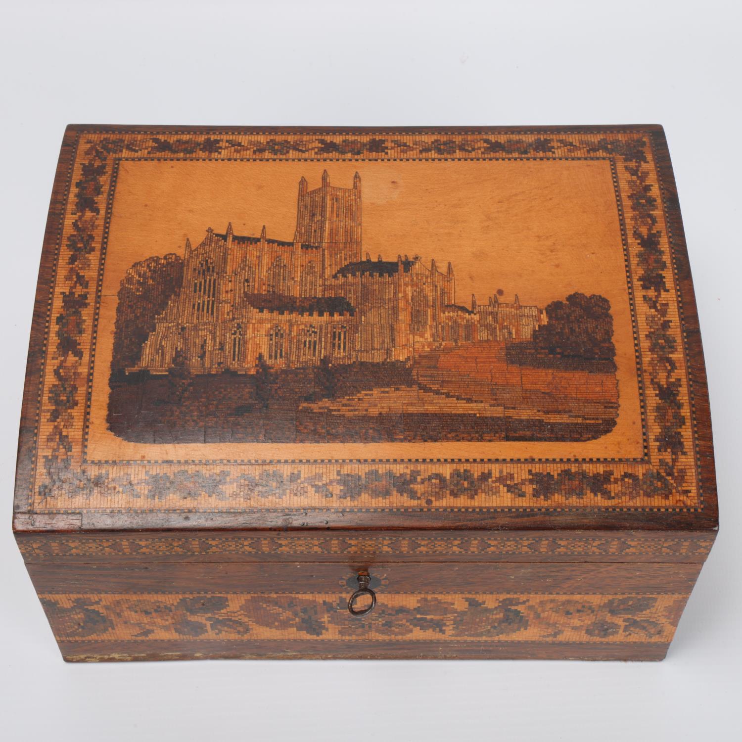 Tunbridge Ware, 19th century rosewood and micro-mosaic dome-top stationery box, pictorial lid - Image 2 of 3
