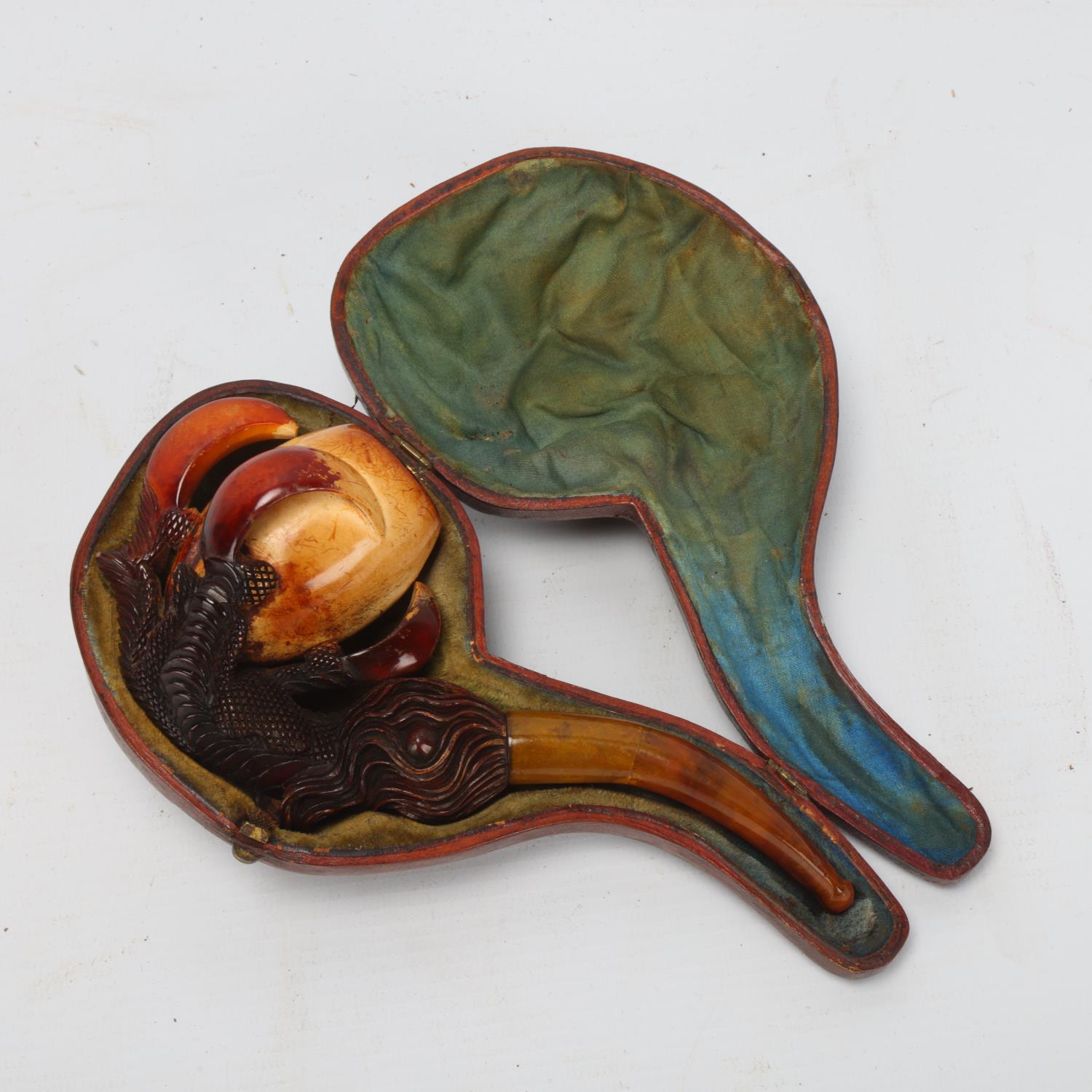 A large Meerschaum pipe in the form of an eagle's claw, original silk-lined leather case Used - Image 3 of 3