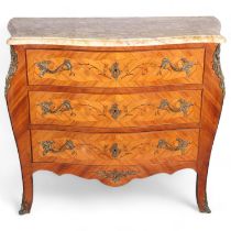 A French marble-topped inlaid kingwood 3-drawer commode, width 98cm