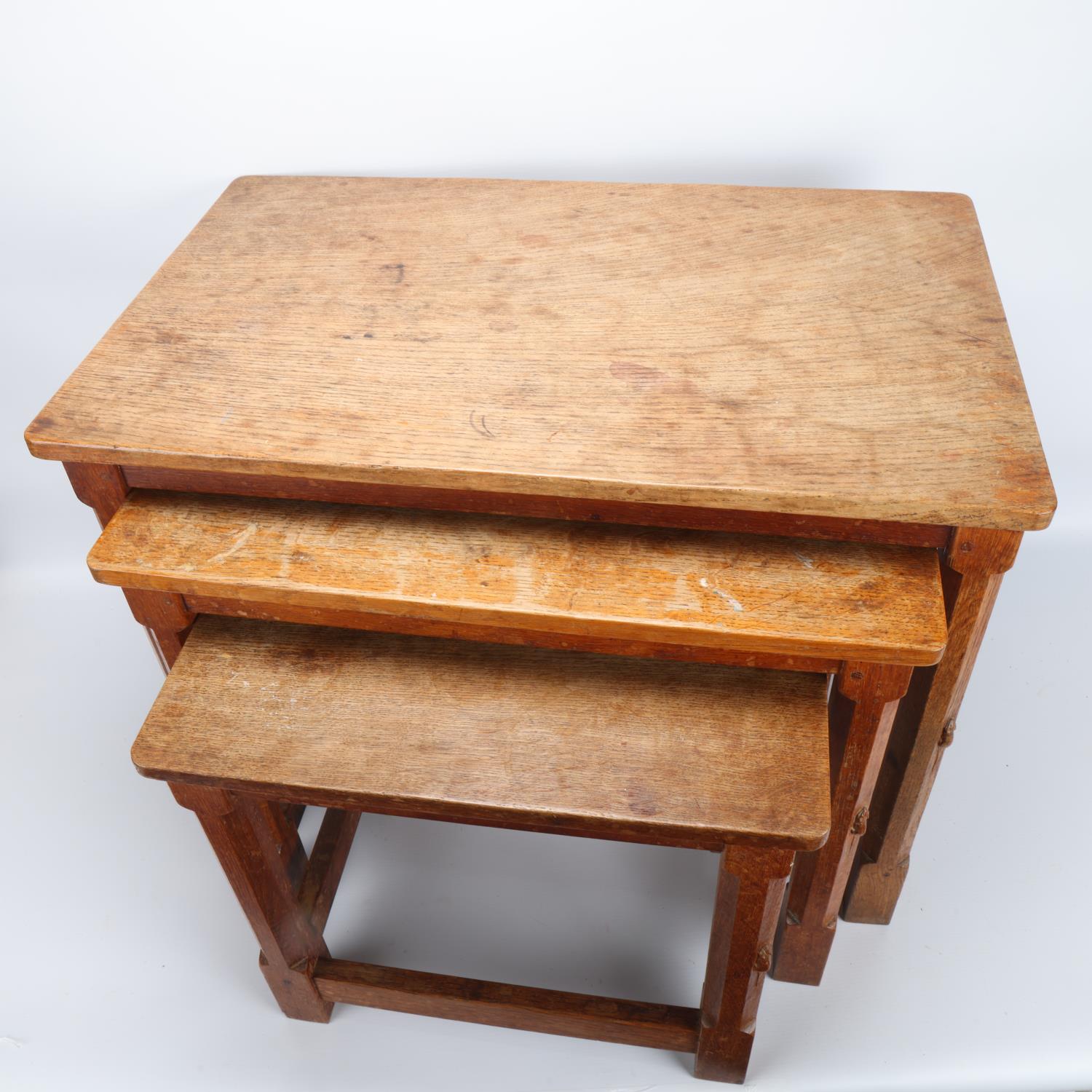 Robert Mouseman Thompson, nest of 3 rectangular oak tables, probably circa 1950s, chamfered square - Image 3 of 3