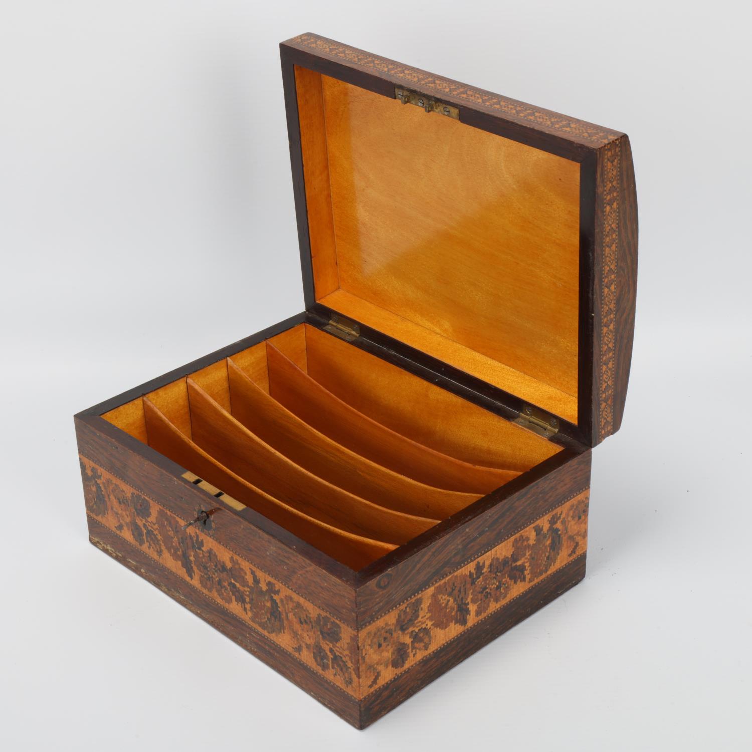 Tunbridge Ware, 19th century rosewood and micro-mosaic dome-top stationery box, pictorial lid - Image 3 of 3