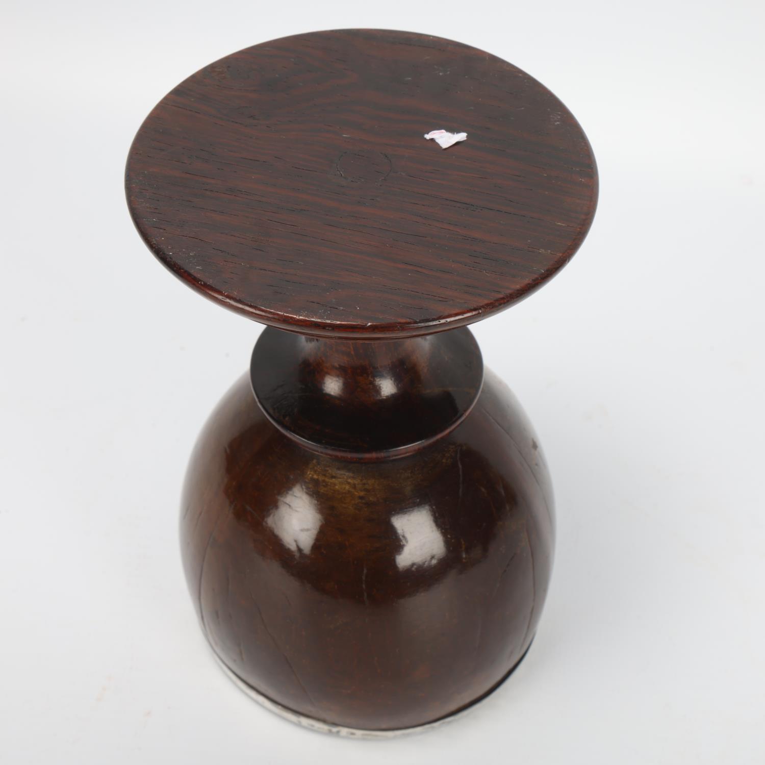 Antique coconut cup, 18th or 19th century, unmarked white metal mounts on rosewood base, height 14. - Image 3 of 3