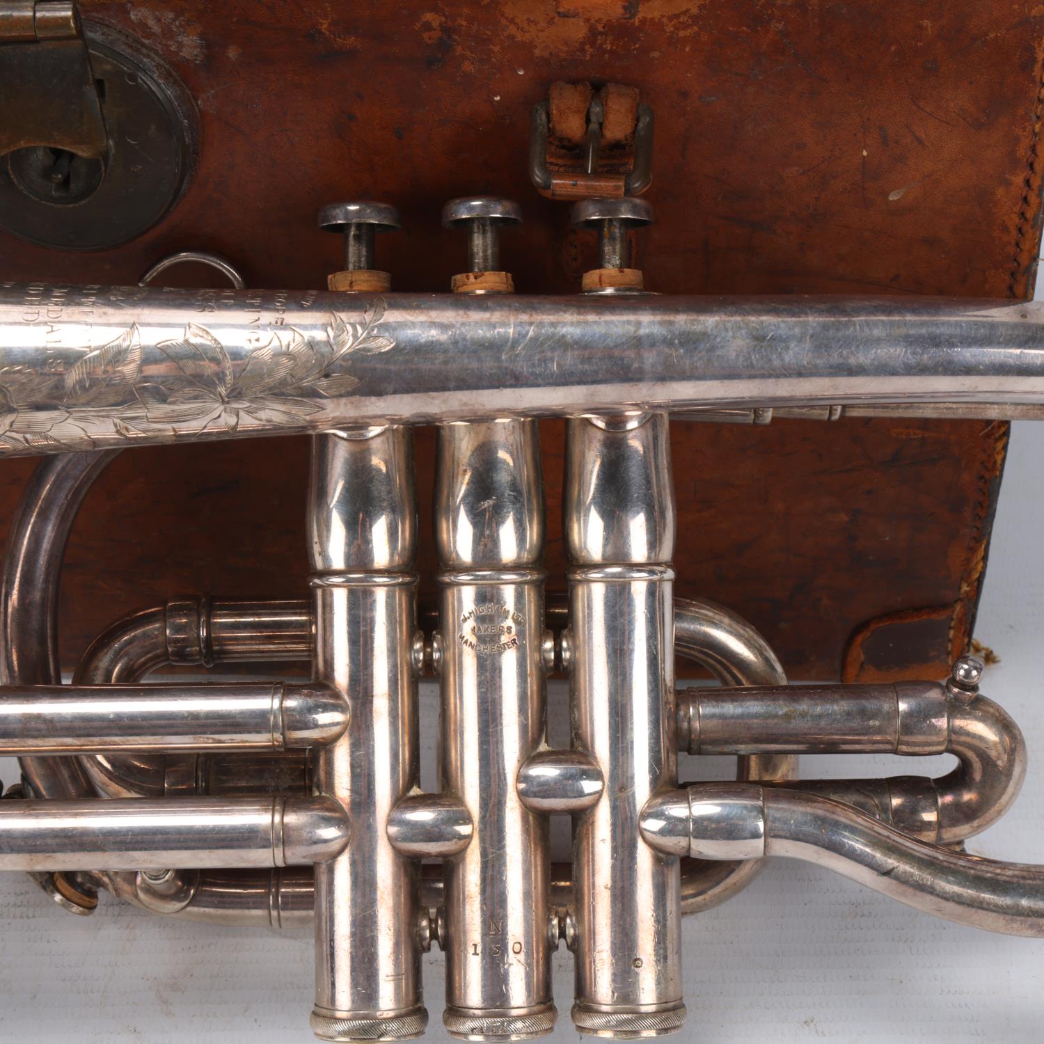 A silver plated cornet, by J Higham of Manchester, serial no. 61516, model Class A, length 34cm, - Image 3 of 3
