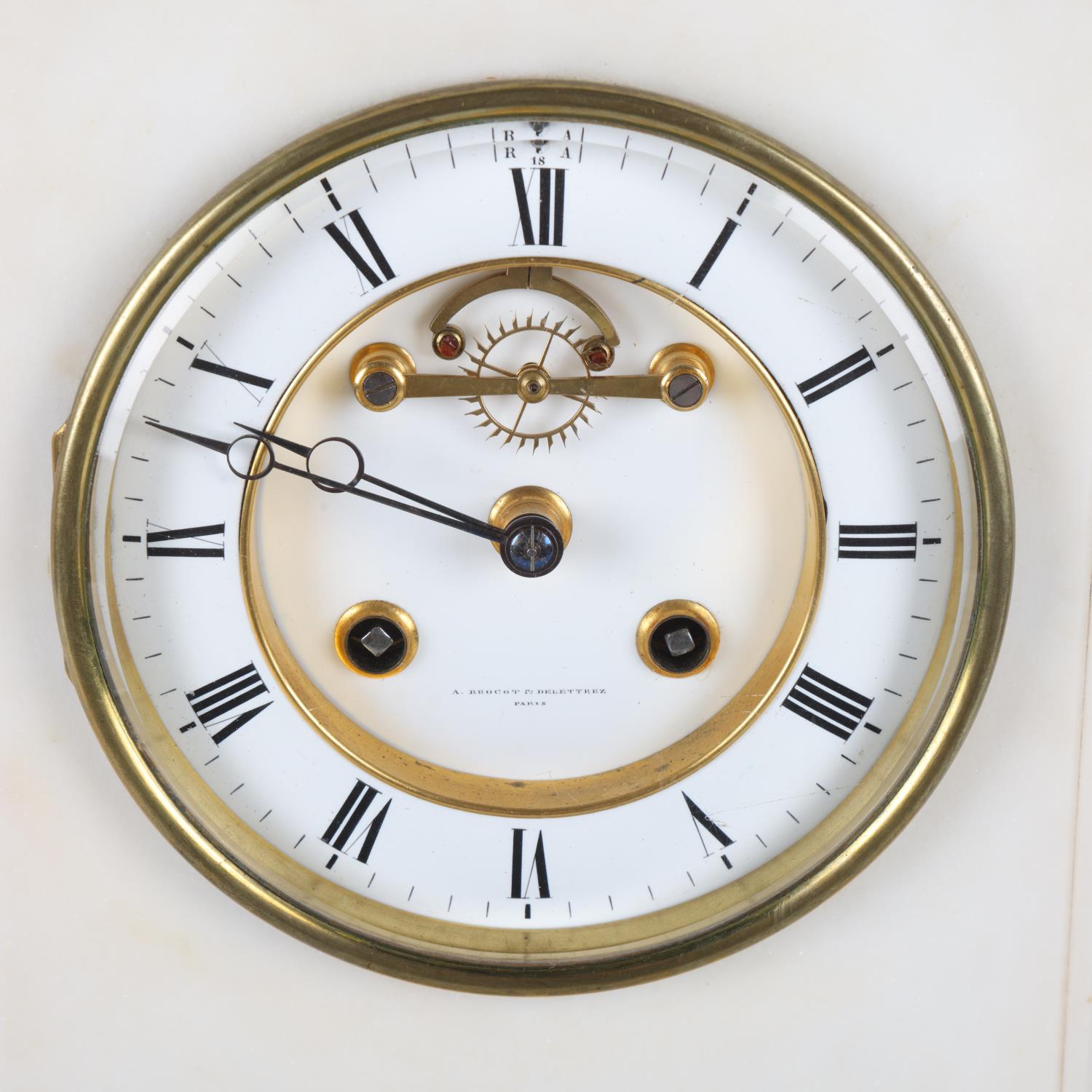 19th century French white marble cased 8-day mantel clock, with brass-mounted enamel dial, signed - Image 2 of 3