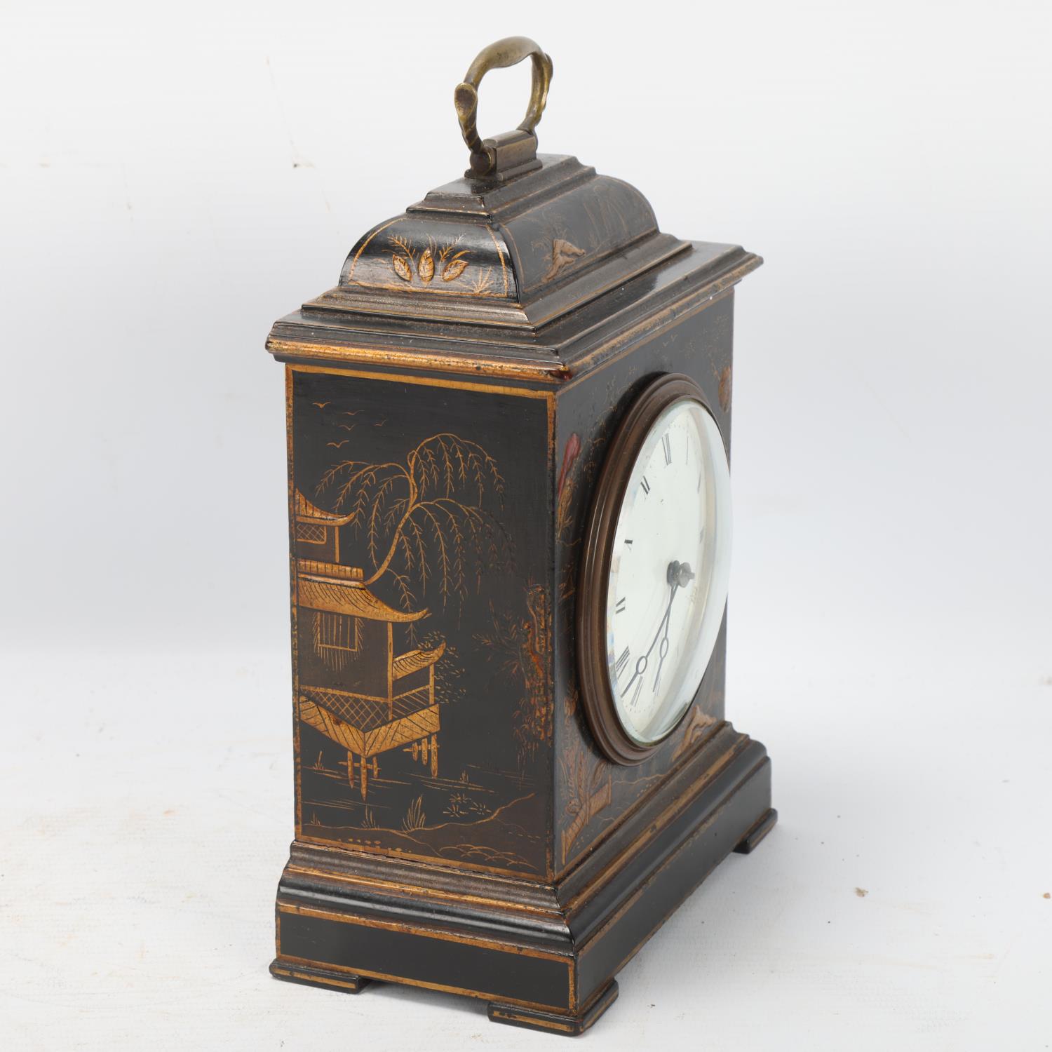 A chinoiserie black lacquer and gilded mantel clock, circa 1900, with enamel dial and 8-day - Image 3 of 3