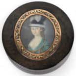 19th century circular tortoiseshell box, the lid having an inset portrait of a lady, in unmarked