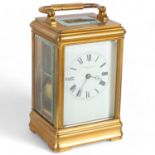 French gilt-brass cased 8-day carriage clock, enamel dial, retailers Goldsmiths & Silversmith