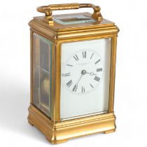 French gilt-brass cased 8-day carriage clock, enamel dial, retailers Goldsmiths & Silversmith