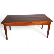A French fruitwood draw-leaf farmhouse table, with end frieze drawer, 185cm x 86cm (6'1" x 2'10"),