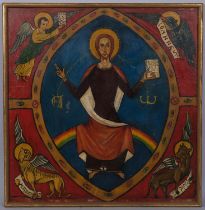 Religious composition, Spanish/Romanesque School, oil on board, framed, overall frame dimensions