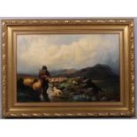 WITHDRAWN - B Davis, shepherd and sheep in the mountains, oil on canvas, signed, 50cm x 75cm,