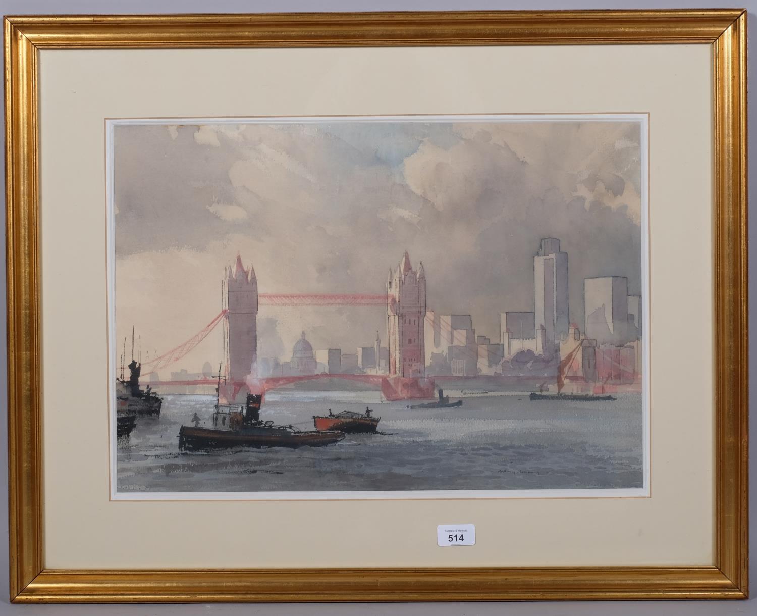 Anthony Flemming (born 1936), Thames view towards Tower Bridge, watercolour, signed, 36cm x 53cm, - Image 2 of 4