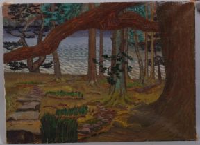 George Poole (1915 - 2000), woodland scene with river, mid-20th century oil on canvas, signed,