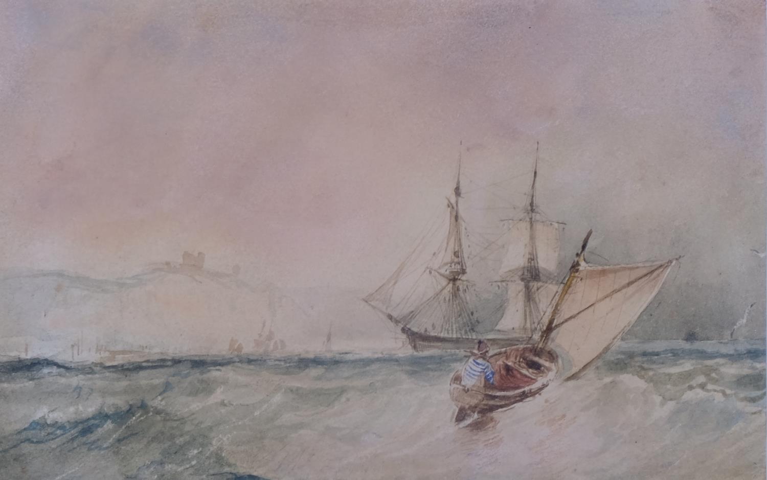Shipping off the Dover coast, 19th century watercolour, unsigned, 10cm x 16cm, framed Good condition