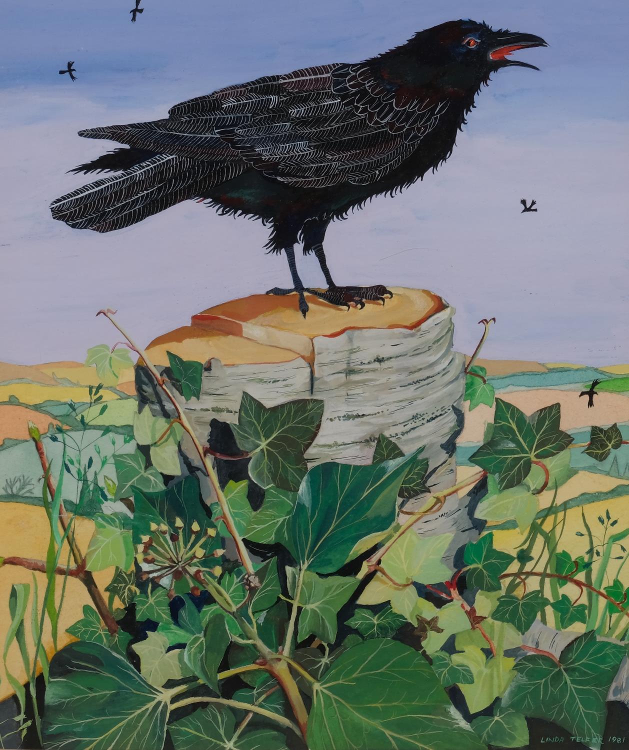 Linda Telfer, crow and ivy, gouache, signed and dated 1981, 23cm x 19cm, framed Image in good