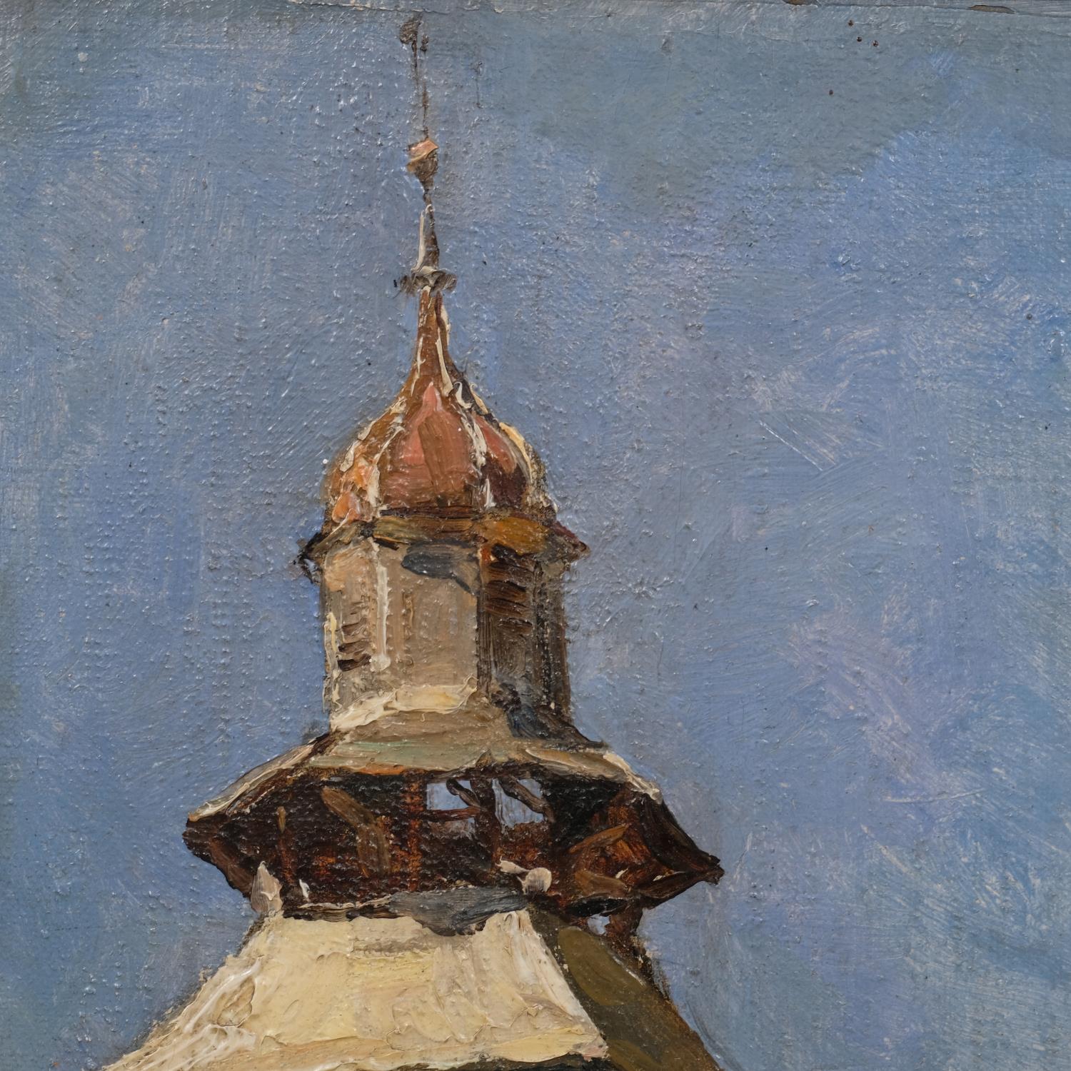 Mid-20th century French School, old bell tower, oil on board, indistinctly signed and inscribed - Image 3 of 4