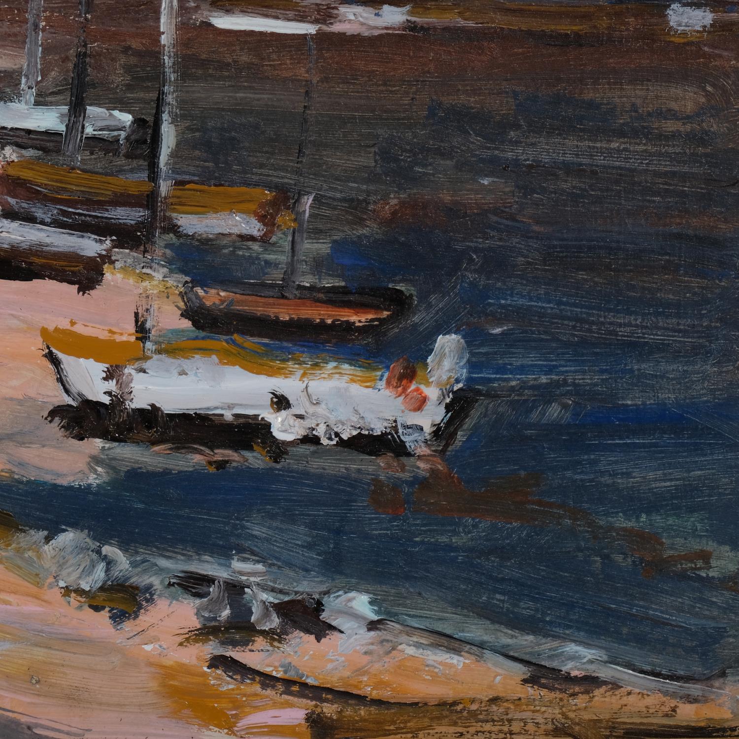 Beached boats at Anglesey, contemporary oil on board, unsigned, 22cm x 29cm, framed Good condition - Image 3 of 4