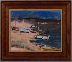 Beached boats at Anglesey, contemporary oil on board, unsigned, 22cm x 29cm, framed Good condition