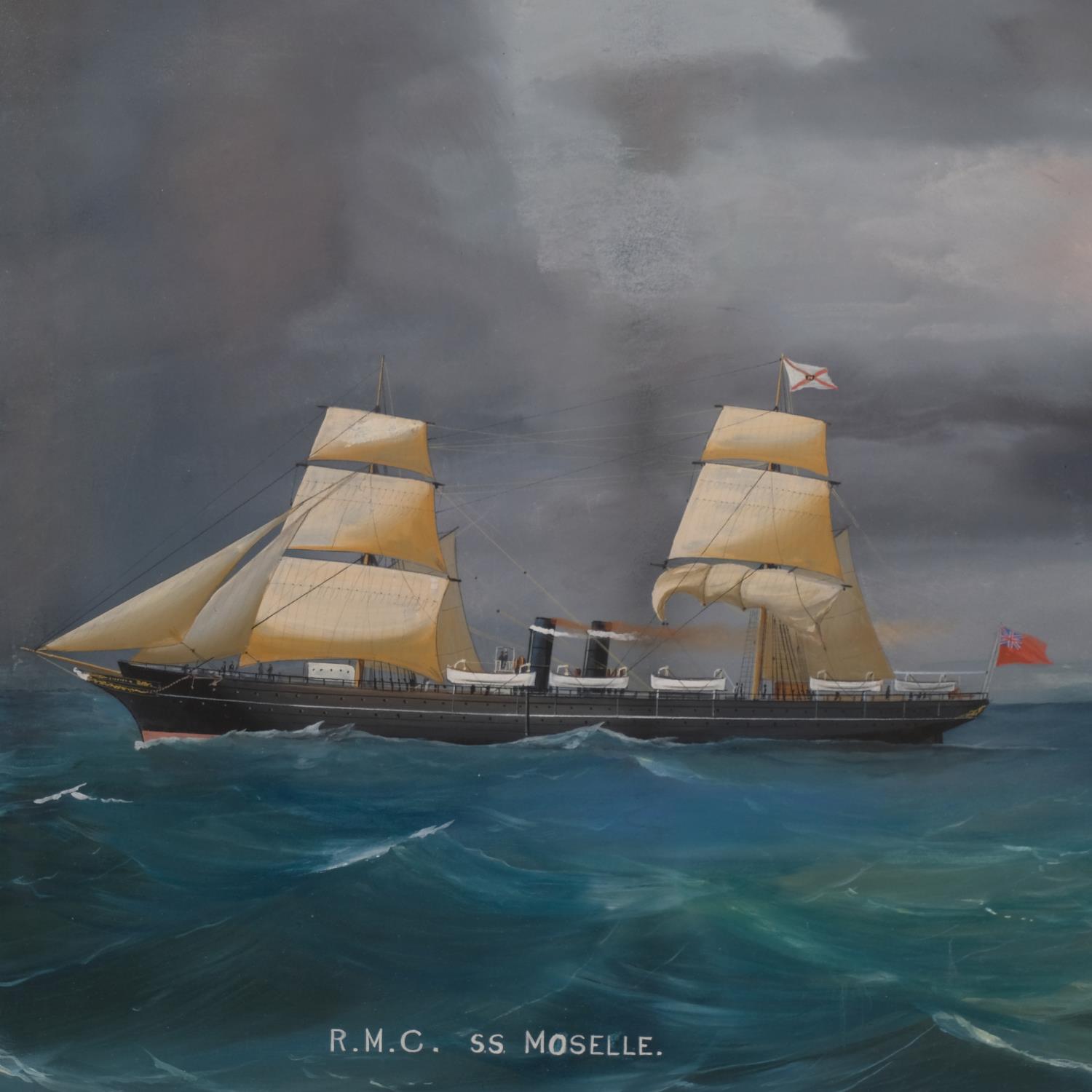 RMC SS Moselle, steam and sail ship off the coast, 19th century marine gouache painting, unsigned, - Image 2 of 4