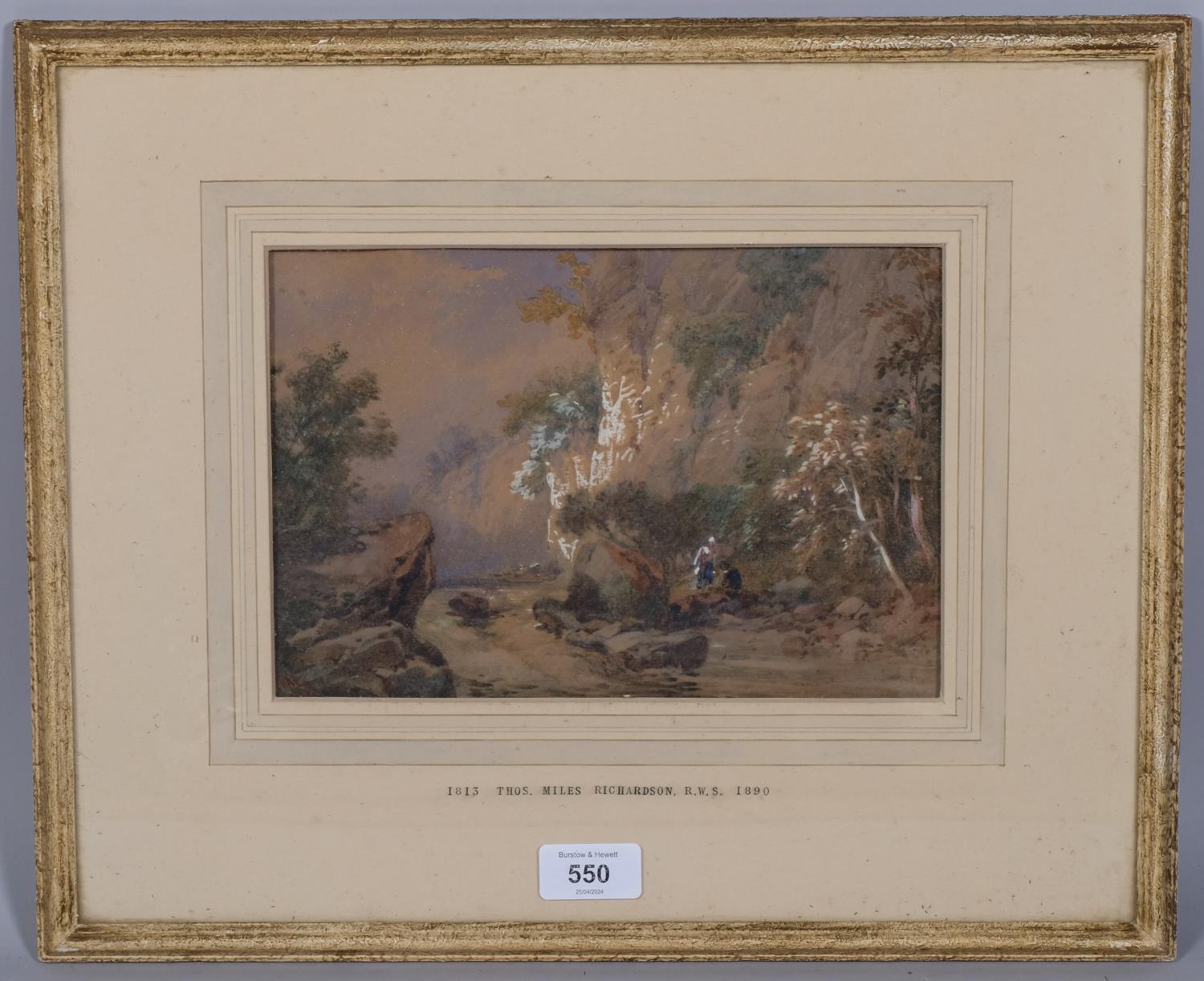 Thomas Miles Richardson, RWS (1813 - 1890), figures beside a stream, watercolour, signed with
