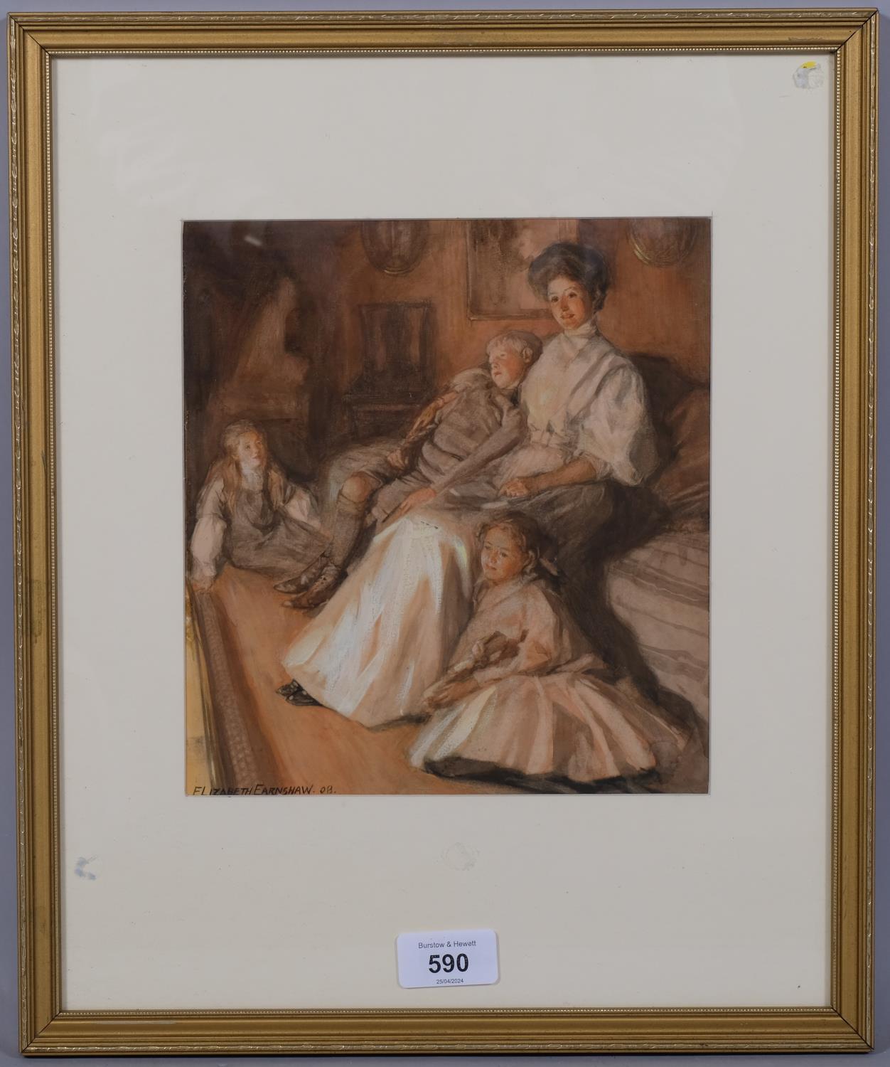 Elizabeth Earnshaw, firelight, watercolour, signed and dated 1908, exhibited at the Royal Academy - Image 2 of 4