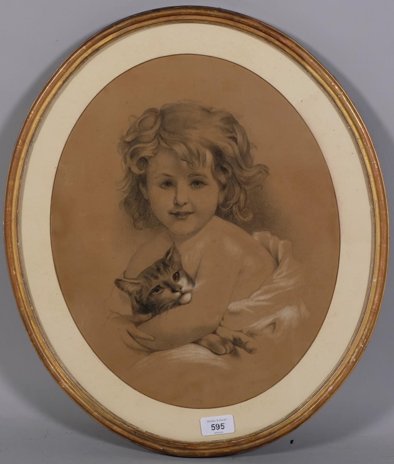 Portrait of a girl with a cat, 19th century charcoal/chalk, unsigned, 40cm x 33cm, framed Even paper - Image 2 of 4