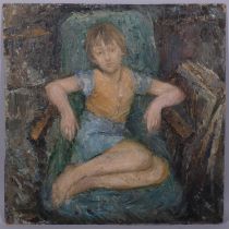 Portrait of a child in an armchair, mid-20th century oil on board, unsigned, 60cm x 60cm, unframed