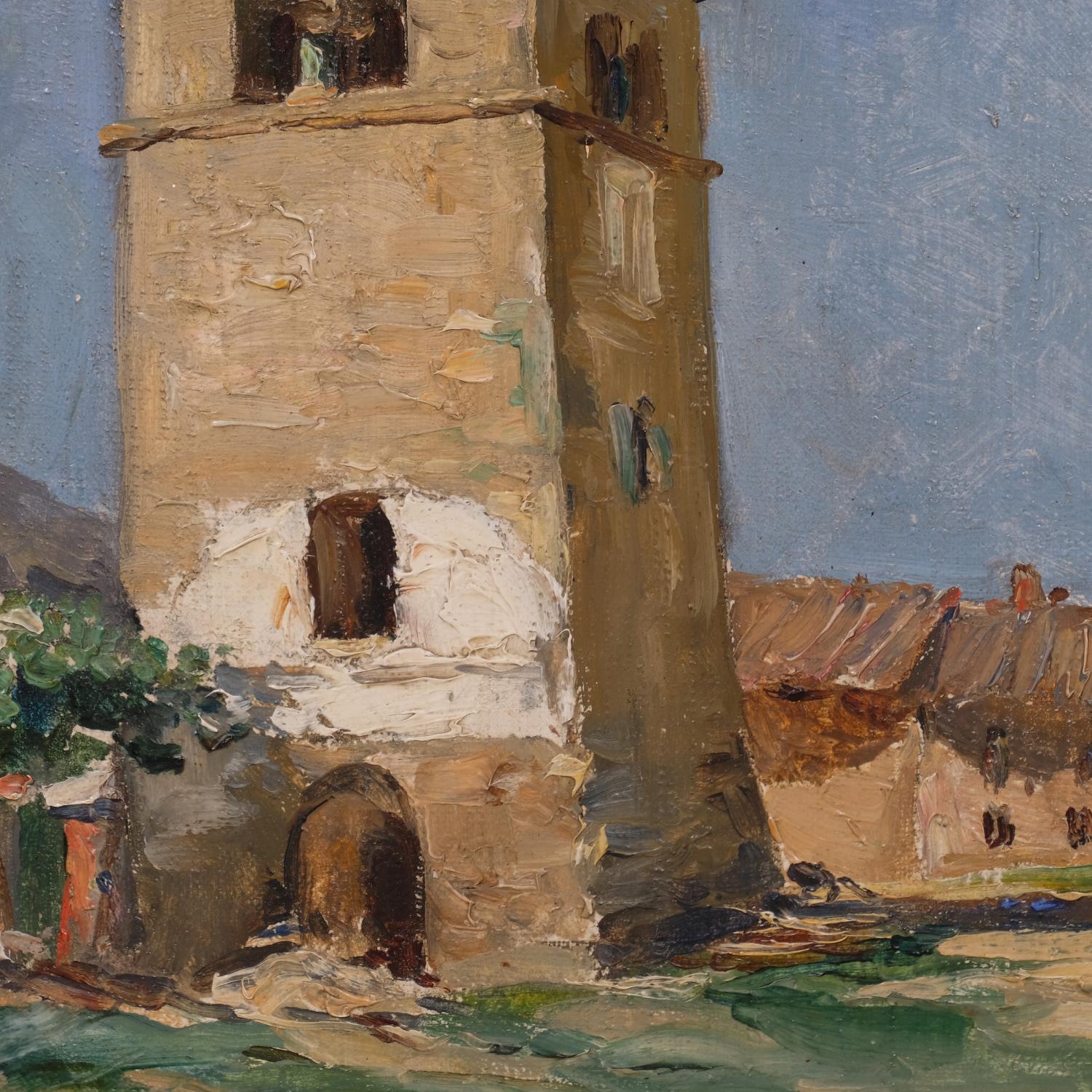 Mid-20th century French School, old bell tower, oil on board, indistinctly signed and inscribed - Image 2 of 4
