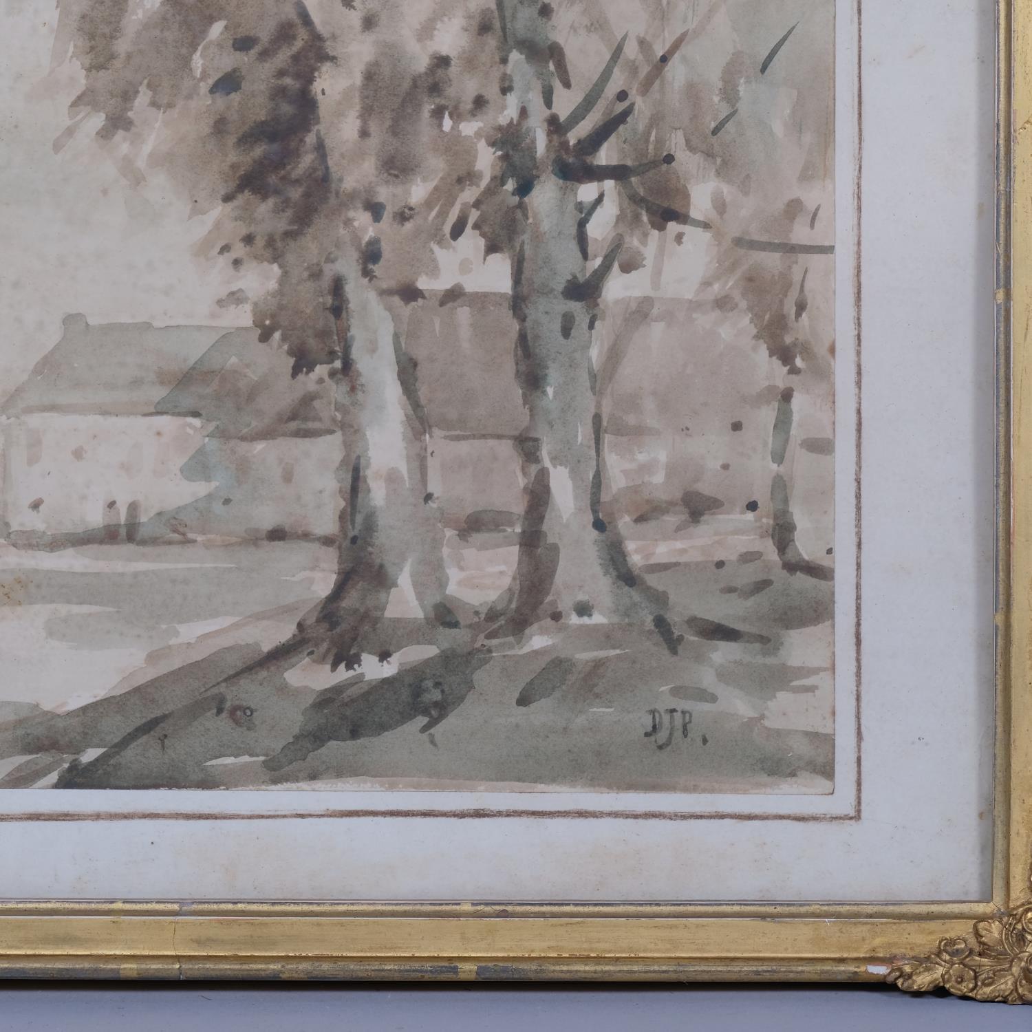 Figures near farm buildings, early 20th century watercolour, signed with monogram DJP, 22cm x - Image 3 of 4